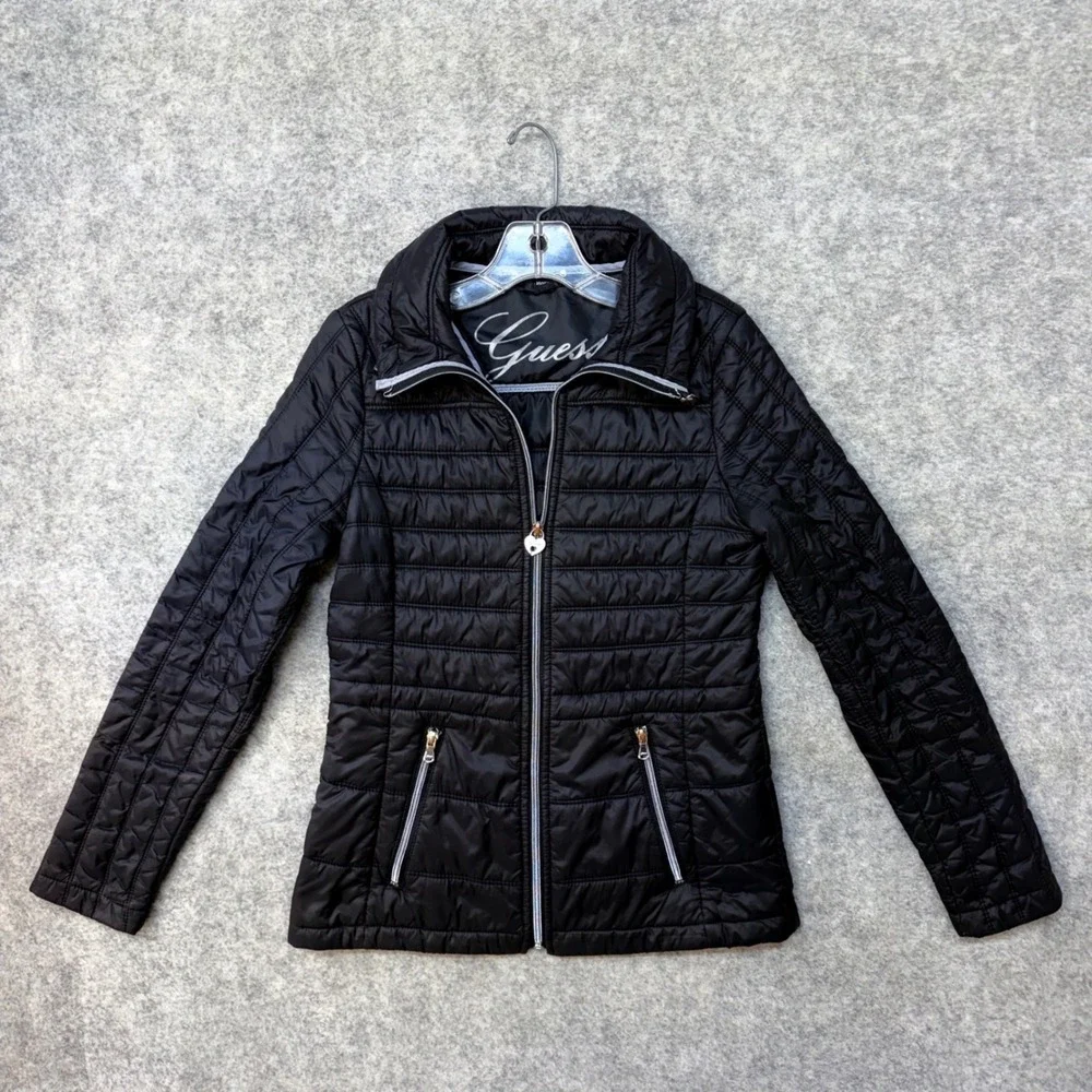 Guess Womens Black Quilted Puffer Jacket‎ Size XS Heart Zipper Winter